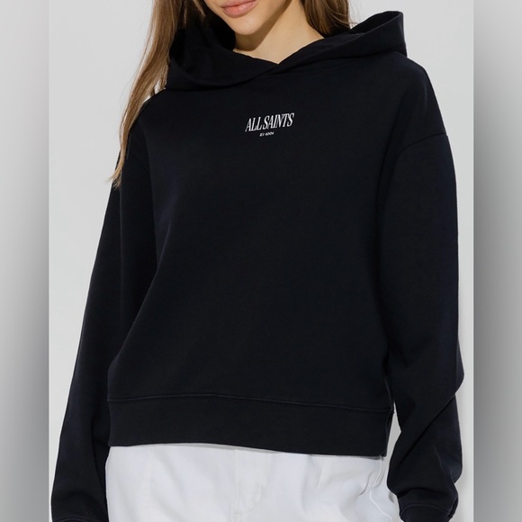 All Saints Sweaters - All Saints|Solid black hoodie pullover sweater with small simple logo•••Large